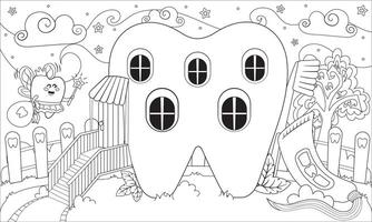mignonne kawaii dent en forme de maison avec dent Fée en volant à Accueil coloration page vecteur