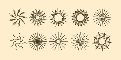 ensemble de collection d'icônes de soleil. logo du soleil dans le symbole de style boho. illustration d'élément vectoriel pour la décoration dans un style minimaliste moderne. conception de la nature bohème.