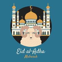 eid Al adha salutation carte avec RAM sur le Contexte de une mosquée. eid mubarak thème. islamique et arabe vacances. plat illustration vecteur