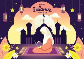 content muharram islamique Nouveau hijri année Contexte. saint génial mosquée silhouette avec croissant lune à nuit scène illustration. musulman communauté Festival toile de fond bannière modèle conception. eps dix vecteur