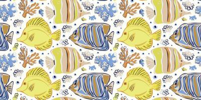 modèle avec aquariummain poisson. jaune, bleu, beige couleurs. pour conception de cartes postales, faire-part, textile, emballage papier vecteur