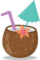 noix de coco alcoolique cocktail avec paille, parapluie et fleur. illustration. alcoolique les boissons sont disponible dans le bar menu. plage vacances, été vacances, faire la fête, café bar, les vacances. vecteur