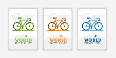 ensemble monde vélo journée affiche avec coloré silhouette. coloré vélo icône. bicyclette silhouette isolé sur une vert Contexte. vélo journée affiche vecteur