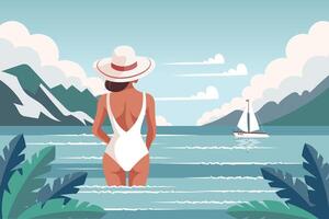 paysage marin. une Jeune femme dans une maillot de bain regards à le mer avec une yacht. vacances concept. illustration. vecteur