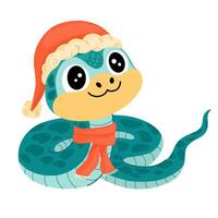 mignonne dessin animé serpent. chinois 2025 Nouveau année symbole, content animal personnage mascotte dans Père Noël chapeau. content marrant serpent avec taches sur peau. coloré plat illustration isolé sur blanc Contexte vecteur