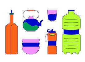 conteneurs pour liquide 2d linéaire dessin animé objets ensemble. bouteilles, théière, boules et tasse isolé ligne éléments blanc Contexte. boisson et nourriture Provisions Couleur plat place illustration collection vecteur