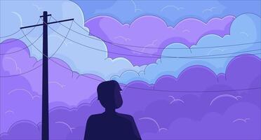 la personne profiter Aube permanent en dessous de Puissance lignes lofi fond d'écran. Humain silhouette contre nuageux ciel 2d dessin animé plat illustration. contemplation refroidissement art, lo Fi esthétique coloré Contexte vecteur