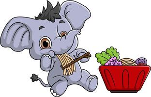 mignonne l'éléphant en mangeant ramen bol avec baguettes vecteur