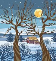 hiver paysage avec une maison et couvert de neige des arbres à coucher de soleil, aquarelle illustration, impression pour une Nouveau années carte, affiche, couverture et autre conceptions. vecteur