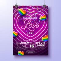 fierté mois fête prospectus conception. lgbtq illustration avec embrasé néon lumière et arc en ciel cœur sur violet brique mur Contexte. l'amour est l'amour lgbt un événement bannière conception pour fête affiche vecteur