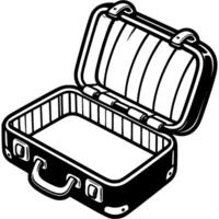 vide ouvert Voyage valise dans monochrome. mallette pour les documents et vêtements. Facile minimaliste dans noir encre dessin sur blanc Contexte vecteur