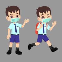 mignonne Jeune étudiant garçon dans école uniforme retour à école portant médical faciale masque vecteur