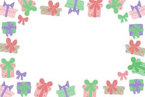 anniversaire cadeaux horizontal bannière modèle avec plat dessins de cadeau des boites dans bonbons pastel couleurs. vacances illustration isolé sur blanc Contexte vecteur