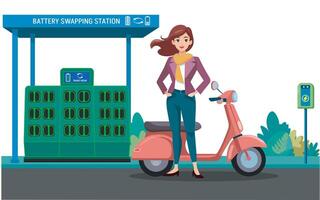 une femme des charges sa électrique scooter à le batterie échange gare, profiter le Nouveau ev La technologie vecteur