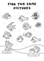 mini-jeux pour les enfants. enfants d'âge préscolaire. trouver une couple de poisson. image avec dessin animé poisson. Jeux 3-4 ans vieux. mini-jeux pour les enfants. logique développement dans les enfants. noir et blanc image vecteur