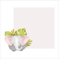 Cadre de mignonne bébé l'éléphant et tropical feuilles. marrant des gamins isolé main tiré aquarelle Contexte. une safari conception pour enfants invitation cartes, bébé douche, décoration de des gamins pièces vecteur