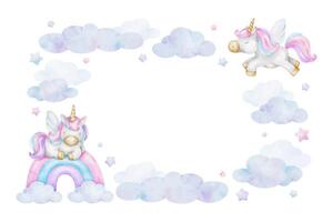 mignonne bébé Conte de fée Licorne, des nuages, arc-en-ciel, étoiles. isolé aquarelle Cadre. mignonne disposition pour des gamins marchandises, faire-part, cartes postales, affiche, bébé douche et enfants pièce vecteur