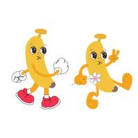 Jaune marrant délicieux banane logo. rétro dessin animé personnage banane ensemble. plat banane dans branché sensationnel style. sensationnel fruit personnages vecteur