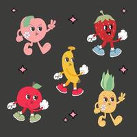 rétro dessin animé personnage fruit ensemble. plat pomme, banane, fraise, pêche et ananas dans branché sensationnel style. sensationnel fruit personnages sur une gris Contexte vecteur