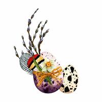 saule branches avec Pâques œufs, printemps fleurs, plume. dessiné à la main aquarelle illustration pour vacances décoration de cartes, affiches et divers décor vecteur