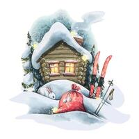 une en bois cabane parmi le neige avec une sac pour cadeaux et des skis, une lièvre et sapin des arbres, le maison de Père Noël claus. hiver, Nouveau année, Noël illustration main tiré dans aquarelle. pour cartes postales, affiches vecteur