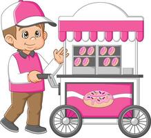 Jeune caucasien vendeur permanent avec Donut Chariot vecteur