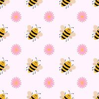 mignonne dessin animé sans couture modèle avec les abeilles et rose fleurs. marrant les abeilles Contexte. plat illustration. vecteur