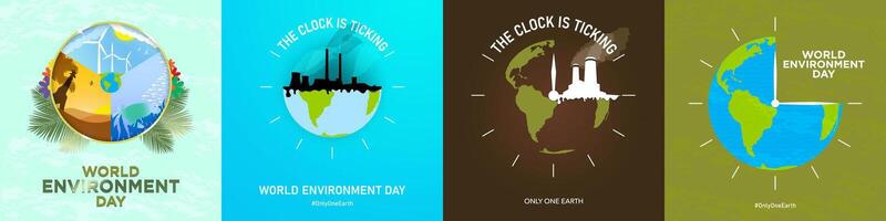 monde environnement journée concept affiches. le l'horloge est tic tac de Terre car de pollution. animaux dans faune logo symbole. nettoyer énergie, air pollution, l'eau pollution, fumée piles. vecteur