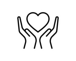 icône de ligne coeur en main, signe de vecteur de contour, pictogramme linéaire isolé sur blanc. symbole de santé, d'amour et de relation, illustration du logo. concept d'icône de ligne de charité et de don
