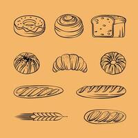 une collection de main tiré ligne art représentant divers délicieux cuit des biens vecteur