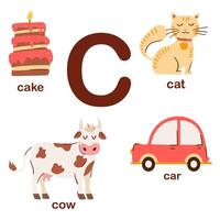 préscolaire Anglais alphabet. c lettre. gâteau, chat, vache, auto. alphabet conception dans une coloré style. éducatif affiche pour les enfants. jouer et apprendre. vecteur