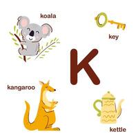 préscolaire Anglais alphabet. k lettre. koala, kangourou, bouilloire, clé. alphabet conception dans une coloré style. éducatif affiche pour les enfants. jouer et apprendre. vecteur