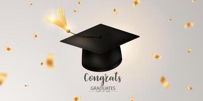 l'obtention du diplôme conception Contexte réaliste l'obtention du diplôme chapeau d'or confettis toutes nos félicitations à le diplômés illustration vecteur