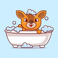 dessin animé mignonne bébé cerf baignade dans baignoire rempli avec mousse vecteur