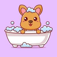 dessin animé mignonne kangourou baignade dans baignoire rempli avec mousse vecteur