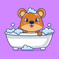 dessin animé mignonne nounours ours baignade dans baignoire rempli avec mousse vecteur