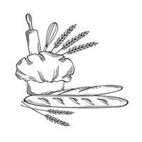 baguettes avec chefs chapeau, cuisson outils et blé oreilles. boulangerie des biens français pain avec roulant épingle et fouet. graphique illustration, isolé. modèle pour emballage, livre de recettes, vitrine, site Internet. vecteur