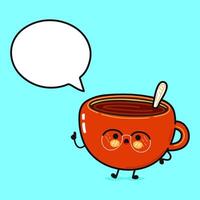 tasse de café avec discours bulle. main tiré dessin animé kawaii personnage illustration icône. isolé sur bleu Contexte. Chocolat tasse de café personnage concept vecteur