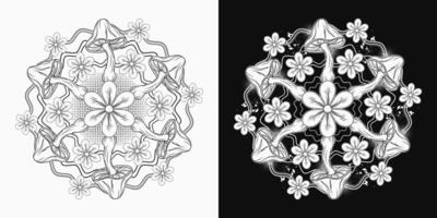 circulaire modèle avec champignons, camomille, ondulé lignes, demi-teinte. noir et blanc illustration pour fantaisie, sensationnel, hippie, mystique, surréaliste conception vecteur
