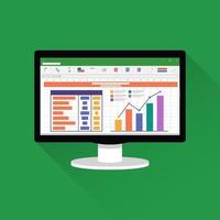 feuille de calcul sur l'icône plate de l'écran de l'ordinateur. concept de rapport de comptabilité financière. objets de bureau pour la planification et la comptabilité, l'analyse, l'audit, la gestion de projet, le marketing, l'illustration vectorielle de recherche. vecteur