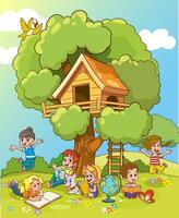 illustration de les enfants en jouant dans arbre maison. vecteur