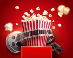 3d illustration de rayé papier boîte avec pop-corn plus de rouge supporter avec une cinéma bobine plus de rouge Contexte vecteur