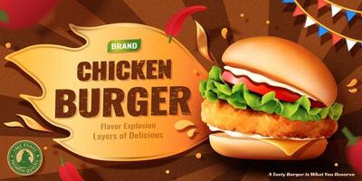épicé poulet Burger un d bannière dans 3d illustration plus de fête Contexte vecteur