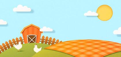3d papier art ferme scène sur une été journée. poulet dans le ferme avec une Grange dans Contexte sur une ensoleillé journée vecteur