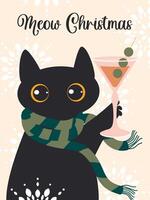 Miaou Noël. une noir mignonne chat dans une rayé vert écharpe détient une cocktail dans ses patte sur une rose verticale Contexte. de fête Nouveau années carte. vecteur