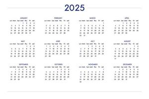 Calendrier 2025 défini dans un style strict classique. calendrier de calendrier de table murale, conception d'entreprise restreinte minimale pour ordinateur portable et planificateur. la semaine commence le dimanche vecteur