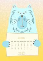 Calendrier d'août 2022, animal de chat mignon tenant une feuille de calendrier mensuel, style enfantin dessiné à la main vecteur