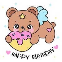 mignonne nounours ours dessin animé en portant cœur anniversaire pour fête vecteur
