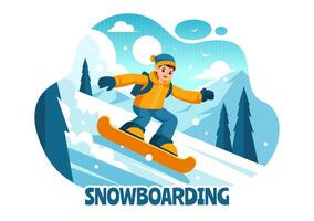planche a neige illustration avec gens glissement et sauter sur une neigeux Montagne pente pendant hiver, plat style dessin animé Contexte vecteur