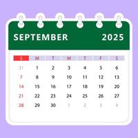 septembre 2025 calendrier. dimanche début vecteur